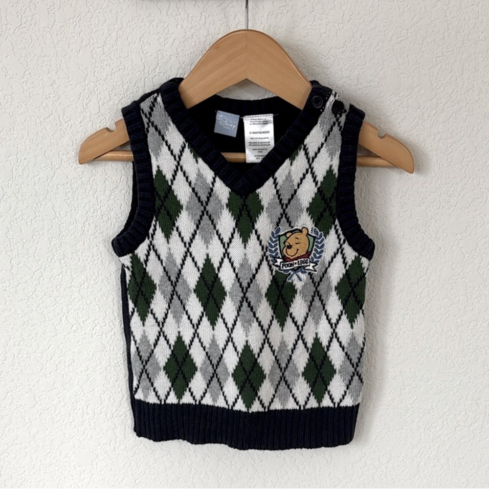 Disney • Winnie the Pooh Navy Green and White Argyle Cotton Pull On Sweater Vest